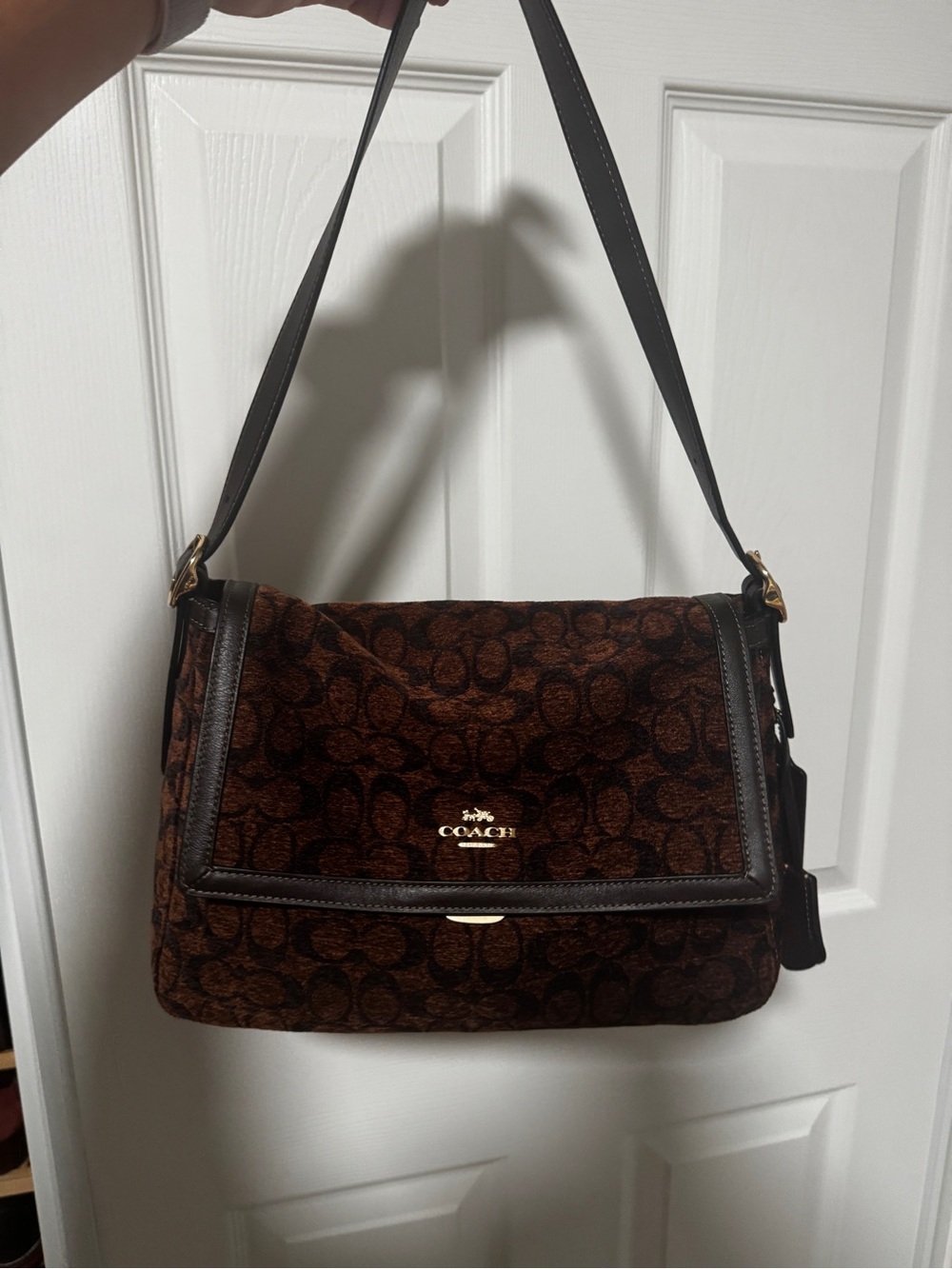Coach Brown Signature Jacquard Shoulder Bag with Dark Brown Leather Trim CCE58